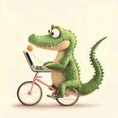 A cartoon crocodile riding a pink bicycle while using a laptop.