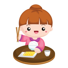 Kids Activity Eating Lunch Dinner Breakfast Girl  Cartoon Illustration Vector Clipart Sticker Decoration Background