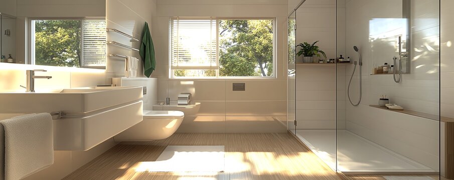 visualize a sleek bathroom with accessible design elements, such as walkin showers and ergonomic fixtures, promoting health and safety