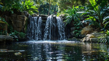 A small waterfall flows into a pond surrounded by lush greenery.