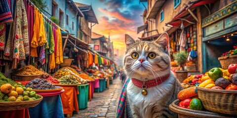 Fototapeta premium A tattered umbrella casts a morbid shadow over the Exotic Shorthair, amidst bustling street vendors peddling colorful trinkets and edibles.