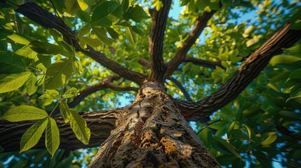 Lush green leafy tree canopy providing cooling shade and a peaceful retreat in a serene natural environment  The verdant foliage filters sunlight creating a tranquil rejuvenating atmosphere