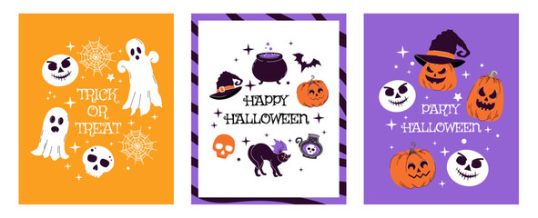Set of sinister Halloween posters. Elements. Hand drawn. Trendy doodle style. Stickers and icons. Jack o lantern. Candle, bones, eye, spider web, candy, leaf, scull. Ghost. Autumn. October