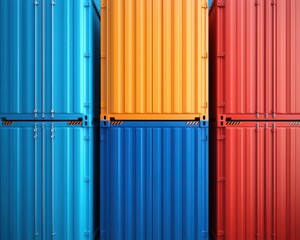 Colorful shipping containers stacked together, showcasing vibrant hues of blue, orange, and red, perfect for logistics and transport themes.