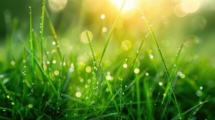 Closeup of fresh green grass blades covered in glistening morning dew bathed in warm golden sunlight  Blurred background creates a serene peaceful and naturally ethereal scene