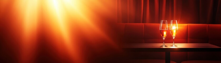 Elegant setting with two sparkling glasses on a table, illuminated by warm light, perfect for celebration and gatherings.