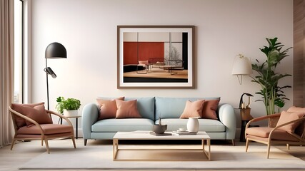 This is a 3D depiction of a mock-up poster frame in a contemporary living room with a modern interior background.