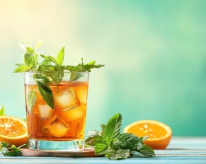 Fototapeta premium Refreshing cocktail with mint and ice, perfect for summer gatherings and bar events, offering a burst of flavor and coolness.