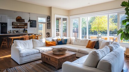 A family-friendly living room with a spacious sectional, playful decor, and plenty of natural light, ideal for casual gatherings and relaxation.