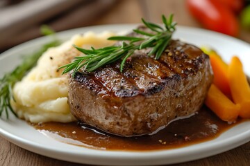 Grilled steak lying on white plate with garnish