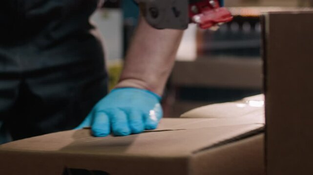 Cropped closeup shot of unrecognizable industrial male worker wearing blue nitrile gloves packaging cardboard boxes with manual scotch tape dispenser