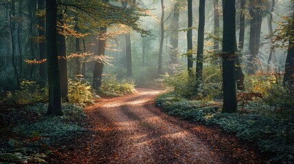 Obraz premium Peaceful woodland path meandering through a serene misty forest with vibrant autumn foliage and soft filtered sunlight creating a captivating