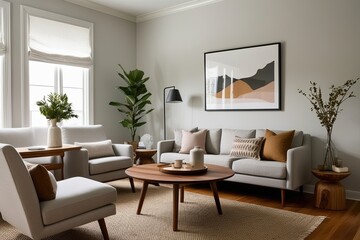 Scandinavian Living Room Decor with Round Hardwood Coffee Table and Stylish Loveseat