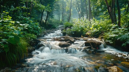 Captivating Forest Stream Flowing Over Rocks Amidst Lush Greenery   Serene and Peaceful Landscape in the Woods with Cascading Water and Vibrant Foliage