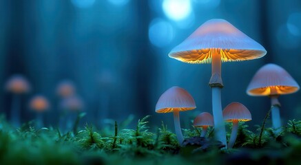 Fototapeta premium Dreamlike forest filled with glowing mushrooms and a soft, ethereal mist enveloping the scene, magic forest, mushrooms, ethereal