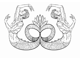 Elegant mermaid boys, decorative pattern or nautical decoration, black and white