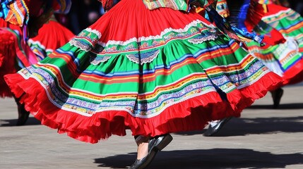 A vibrant close-up of a traditional Mexican dance, highlighting a colorful long dress adorned with a white lace border. The background features an umbrella and several dancers dressed in red skirts wi