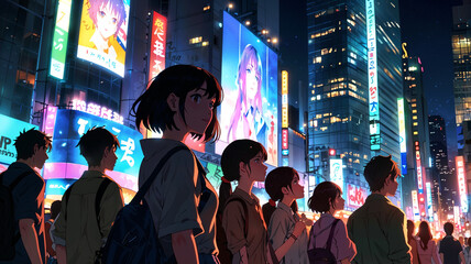 A group of anime friends enjoys a night out in a bustling city, with one pointing at a massive digital billboard, highlighting the excitement of urban nightlife.