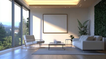 Modern, well-lit interior with an empty picture frame on the wall. Created using 3D rendering software.