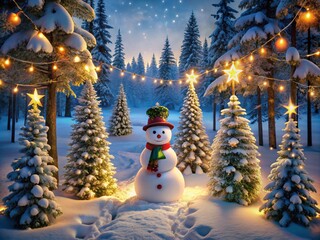 Obraz premium A snowy forest with a snowman standing in the clearing, surrounded by pine trees decorated with Christmas lights