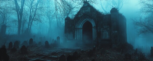 Haunted crypt in a dark cemetery