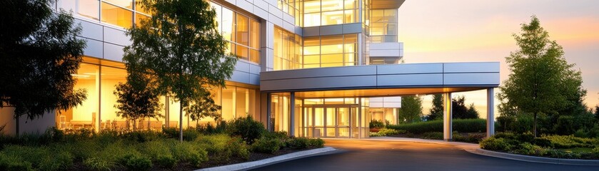 Obraz premium Modern corporate building with lush landscaping and vibrant sunset, showcasing sleek architecture and inviting entrance.