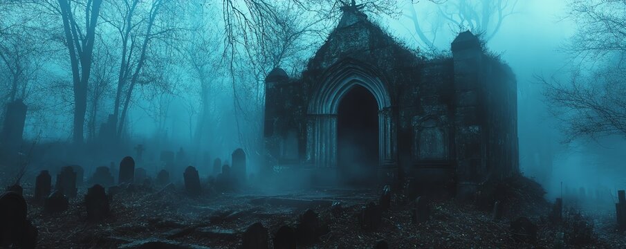 Haunted crypt in a dark cemetery