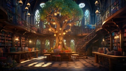 Obraz premium Ancient library illustration design, with bookshelf, lantern and old tree decoration background