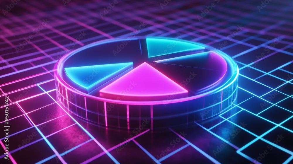 Poster A futuristic 3D pie chart with neon colors, hovering over a grid surface, representing cutting-edge data visualization.