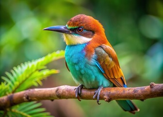 Obraz premium A turquoise-feathered bird with a brown head perches peacefully on a branch, its vibrant plumage a striking contrast to the natural surroundings.