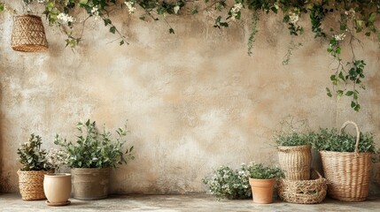 Rustic gardening decor on grunge wall, featuring pots, wicker baskets, and plant garlands in warm shades of beige and brown.