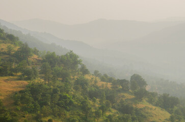 Misty landscape, Foggy winter day, landscape background cover poster wallpaper, soft focus