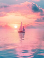 Sailboat Gliding Across Tranquil Waters at Sunset with Warm Glow