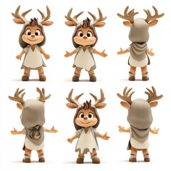 A cute cartoon character resembling a deer with antlers, shown from multiple angles.