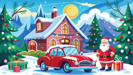 Fototapeta premium Vintage Christmas and New Year. Winter nature with house, Christmas tree in cozy home and red retro car for greeting card, Vector illustration of Santa Claus, cover or poster