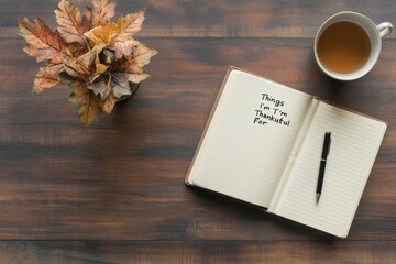Fototapeta premium Gratitude Journal: A cozy scene featuring a journal open to a page with 