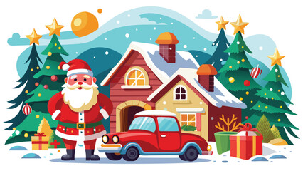 Vintage Christmas and New Year.  Winter nature with house, Christmas tree in cozy home and red retro car for greeting card, Vector illustration of Santa Claus, cover or poster