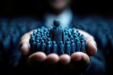 Leadership in a Crowd: A hand holds a miniature businessman standing out amongst a sea of tiny figures, symbolizing leadership, influence, and the power of one.  