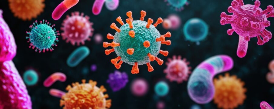 Colorful and detailed representation of various viruses and bacteria, illustrating the microscopic world of pathogens.