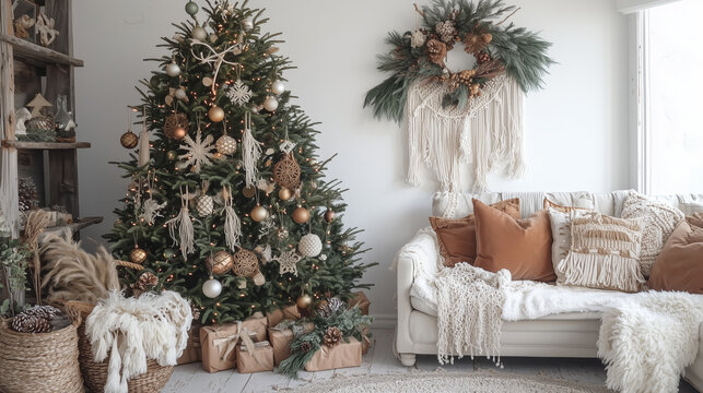 A cozy living room with a beautifully decorated Christmas tree, boho decor, and warm tones, creating a festive and inviting atmosphere.