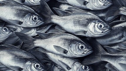Fototapeta premium Fresh raw fish on the counter of a fish store in the market. Fresh seafood fishes close up pattern background.