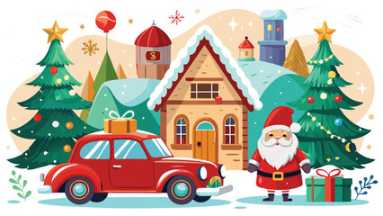 Vintage Christmas and New Year.  Winter nature with house, Christmas tree in cozy home and red retro car for greeting card, Vector illustration of Santa Claus, cover or poster