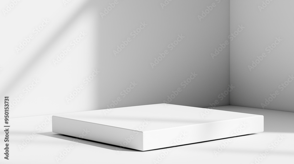 Aufkleber White table stage podium empty mock up background - empty table podium mock up for cosmetics products and product placement with spotlight sunlight beam. White studio room with podium