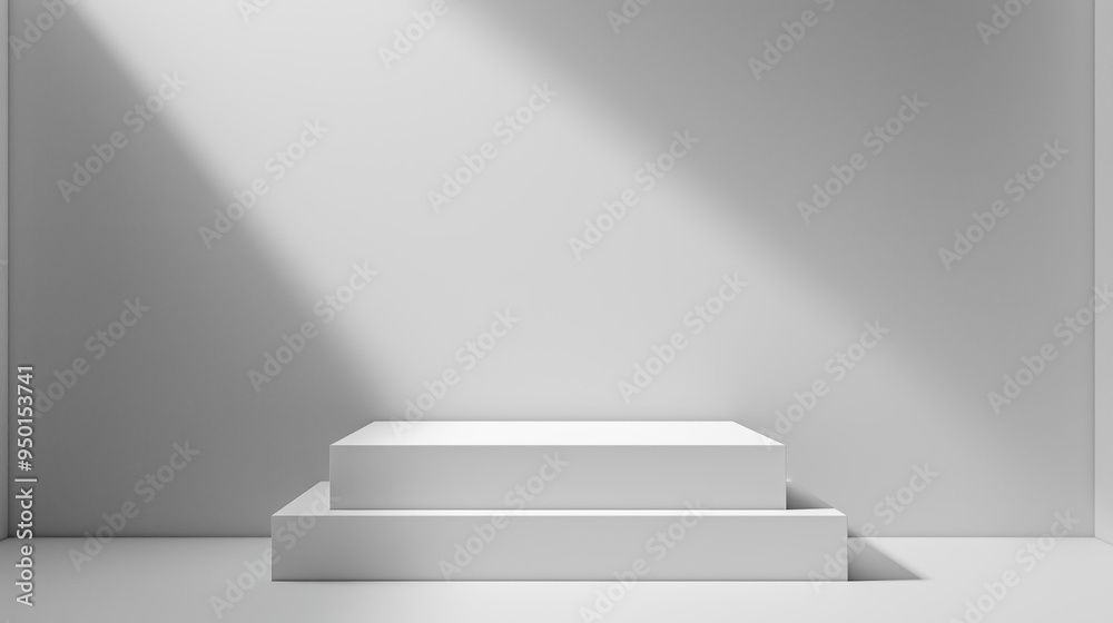 Poster White table stage podium empty mock up background - empty table podium mock up for cosmetics products and product placement with spotlight sunlight beam. White studio room with podium