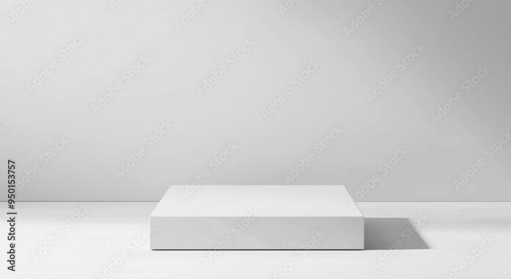 Poster White table stage podium empty mock up background - empty table podium mock up for cosmetics products and product placement with spotlight sunlight beam. White studio room with podium