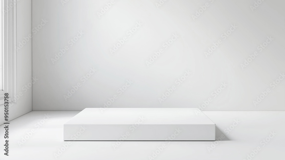Poster White table stage podium empty mock up background - empty table podium mock up for cosmetics products and product placement with spotlight sunlight beam. White studio room with podium