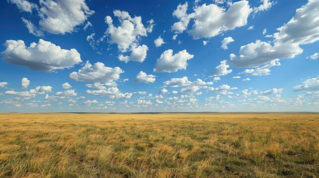 Vast expansive grassland landscape under a picturesque blue sky with scattered fluffy white clouds creating a serene and tranquil pastoral scene of natural beauty and solitude