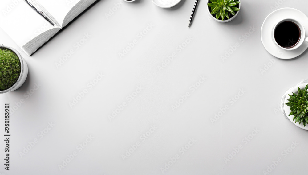 Poster white office table top view with office supplies. white table with copy space and cup of coffee with