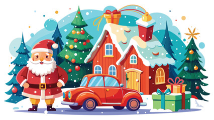 Fototapeta premium Vintage Christmas and New Year. Winter nature with house, Christmas tree in cozy home and red retro car for greeting card, Vector illustration of Santa Claus, cover or poster