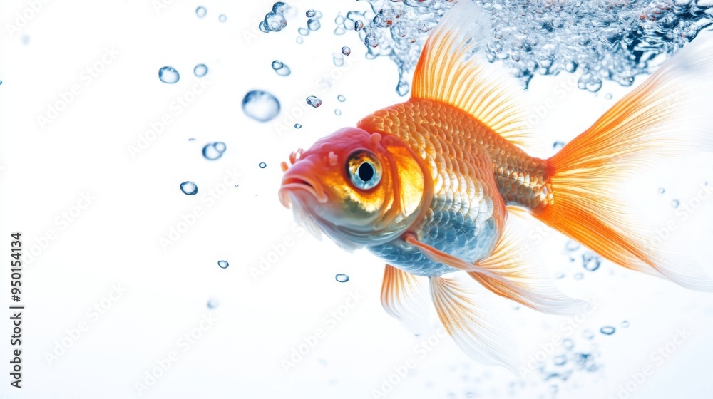Poster a goldfish caught mid-swim, with bubbles rising around it, against a white background, creating a dy